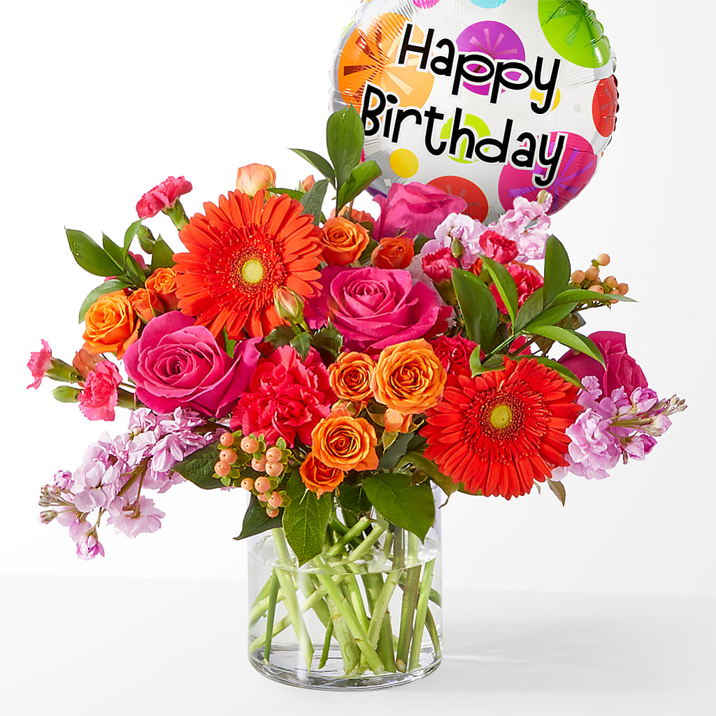 Fiesta Bouquet with Birthday Balloon – Noor Florist Llc, Lake Villa IL