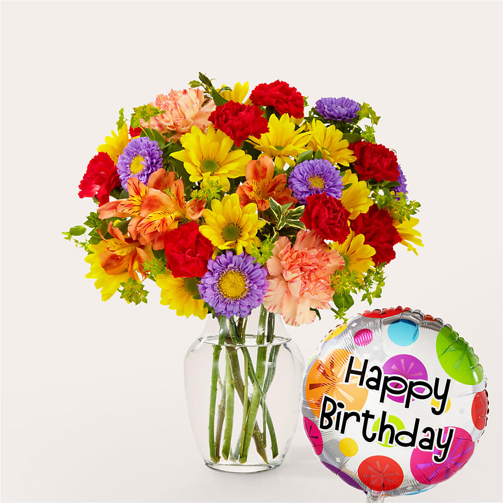 Kaleidoscope Bouquet with Birthday Balloon – Noor Florist Llc, Lake Villa IL